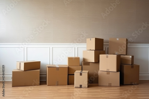 natural lighting of cardboard boxes packed with luggage to move to a new house in background of new home. real estate concept for moving and purchasing. © cwa