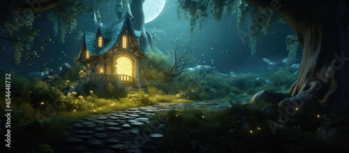 Magical forest with enchanted cottage depicted in 