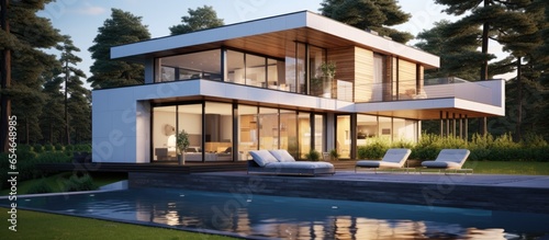 Modern architecture with a flat roof and large panoramic window portrayed in visualization © TheWaterMeloonProjec