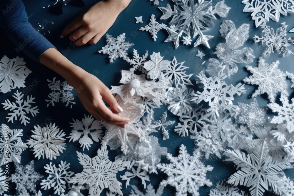 woman hands crafting paper snowflakes woman hands crafting paper snowflakes