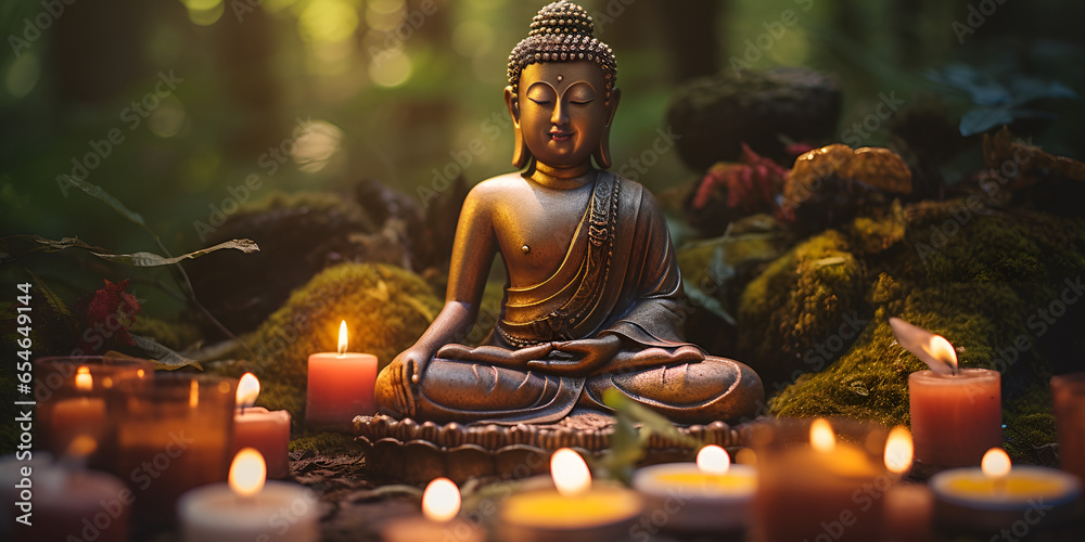  Buddha statue in meditation with lotus flower and burning candles meditation spiritual health peace searching zen concept ai generated image