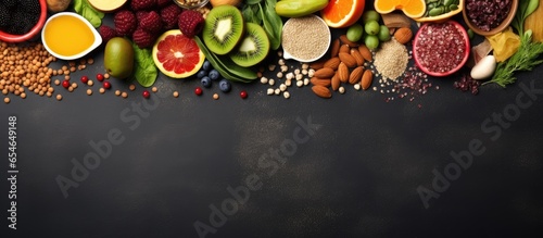 Healthy food concept promoting immunity with various plant based ingredients high in vitamins minerals antioxidants and fiber arranged on a slate surface photo