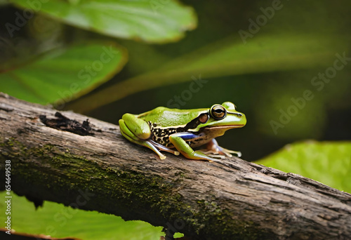 Frog. Log. Amphibian. Wildlife. Nature. Green. Pond. Habitat. Swamp. Aquatic. Cute. Balance. Sitting. Outdoor. Reptile. Natural. Camouflage. Environment. Macro. AI Generated.