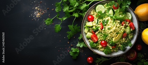 Healthy vegetarian lunch with Israeli influences in a top down view Couscous salad with broccoli peas tomatoes avocado and arugula
