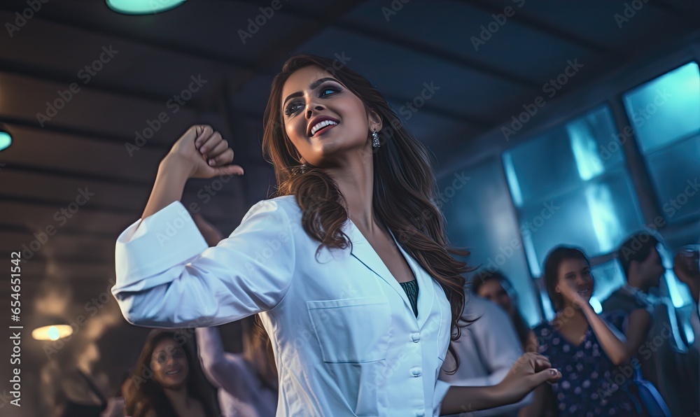 Photo of a woman dancing in front of a captivated audience