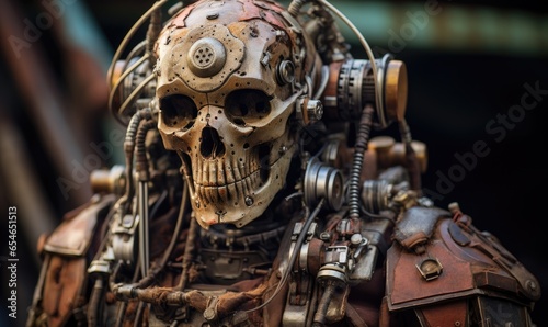 Photo of a man wearing a steampunk suit with a clock face mask