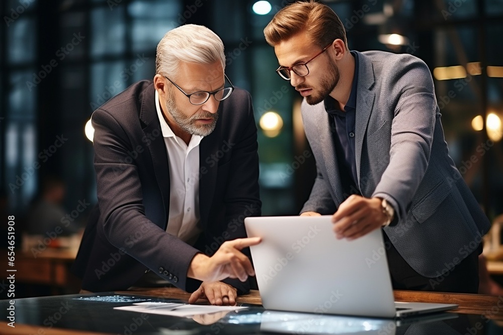Fototapeta premium Generative AI : Serious businessman pointing at laptop discussing corporate software with colleague in office, executive male team working together use computer, manager mentor consulting instructing 