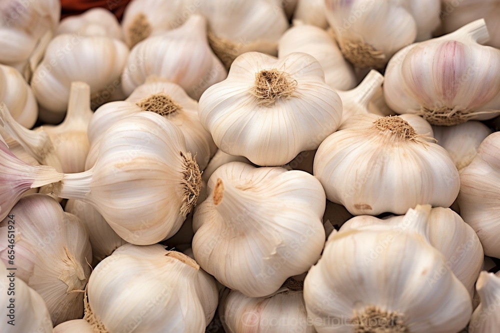 Generative AI : close up of garlic on market stand Generative AI : close up of garlic on market stand