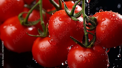 Generative AI : red tomatoes on a branch. drops of water.close-up