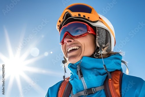 Portrait of smiling female climber in safe ski helmet and goggles on snow mountain at sunny day