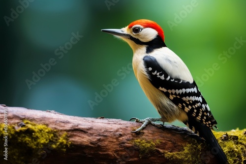 Generative AI : Woodpecker male close-up side view perched on a tree branch with a blur background in its environment and habitat surrounding.