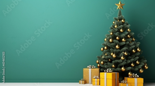 Beautiful Christmas tree with gifts near color wall in room. ai generative