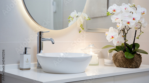 White sinks near soap dispenser