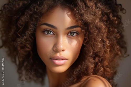 Generative AI : Close up cropped half non-make up face view of young 20s gorgeous African beautiful girl pose look at camera. American serious cute curly-haired teenager portrait, gen Z person, natura