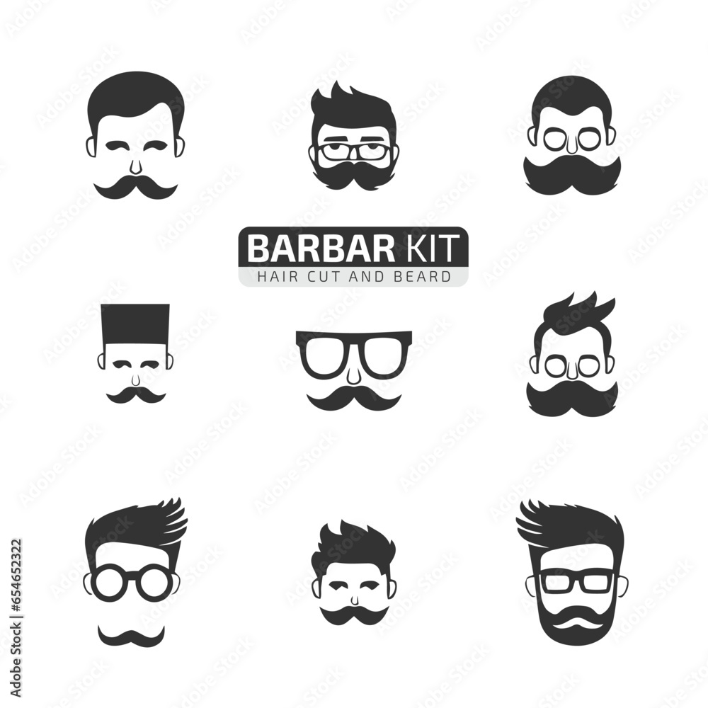hair style of men or mustache with glasses and hairs set barber logo icons kit