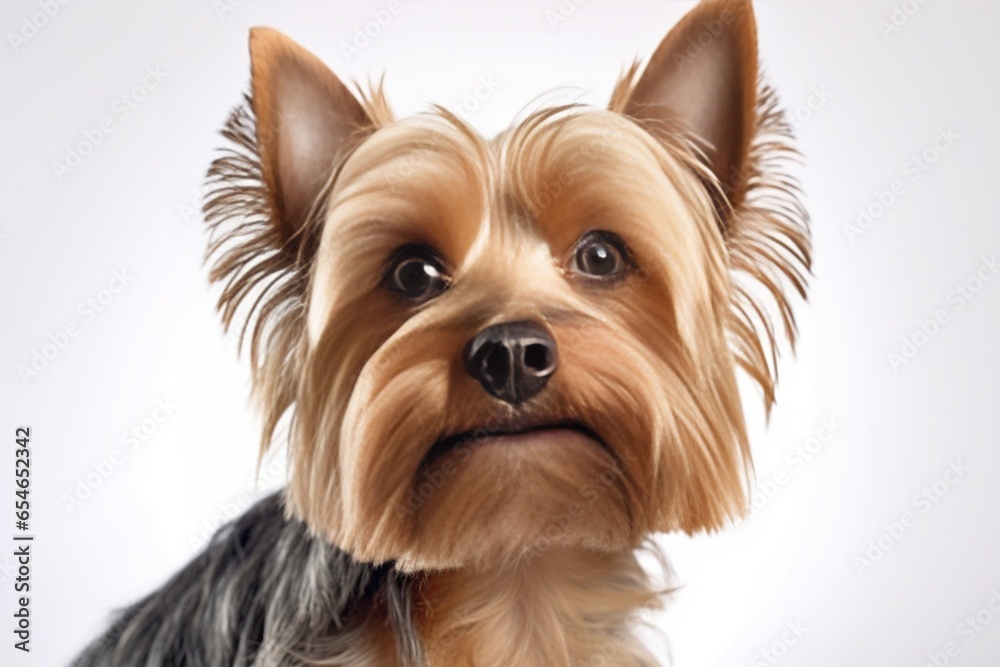 Generative AI : Close-up of Yorkshire Terrier, 9 years old, looking at camera against white background