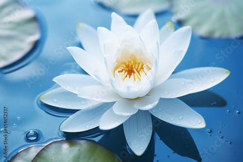 Generative AI : Bright white water lily close up. White lotus on blue background. Delicate flower in the pond. Tropical floral natural wallpaper. Aquatic plant. Macrophotography