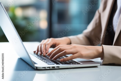 Generative AI : Closeup of business woman hand typing on laptop keyboard