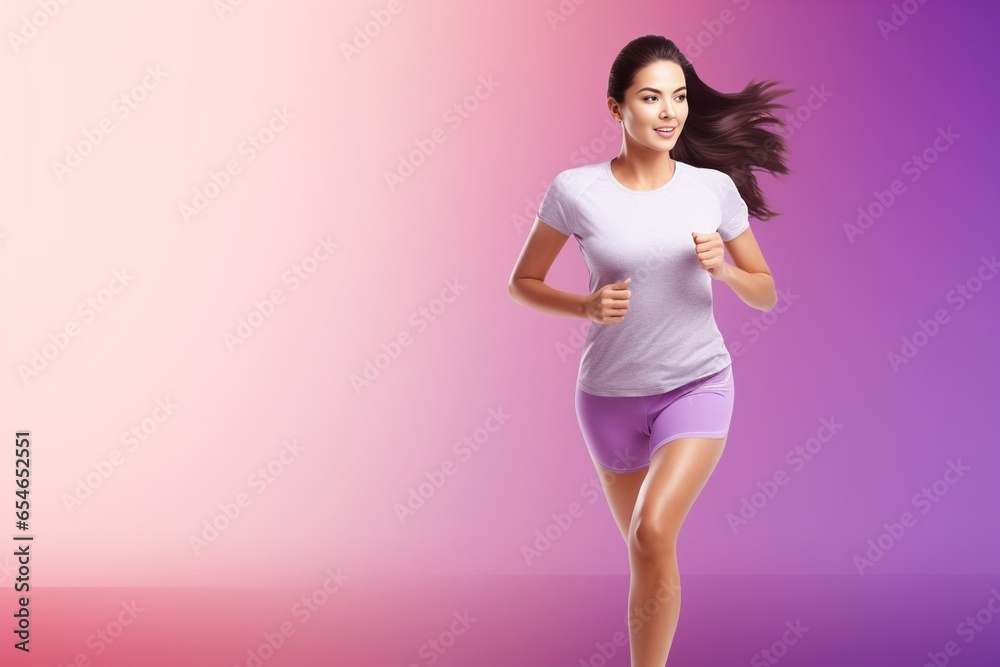 Generative AI : Clipping path portrait beautiful Asian women in sportswear run isolated on banner purple background. Healthy young woman runner happy smiling jogging. - obrazy, fototapety, plakaty 