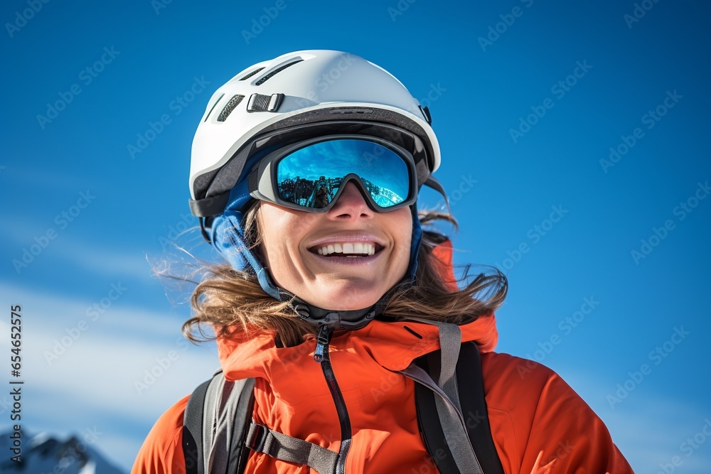 Portrait of smiling female climber in safe ski helmet and goggles on snow mountain at sunny day Portrait of smiling female climber in safe ski helmet and goggles on snow mountain at sunny day