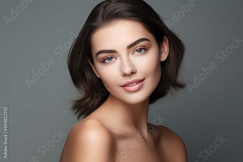 Generative AI : Beauty Woman face Portrait. Beautiful Spa model Girl with Perfect Fresh Clean Skin. Female looking at camera and smiling. Youth and Skin Care Concept