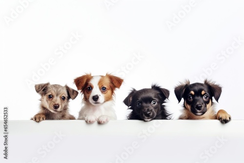 Generative AI : Close-up four cute dogs different breeds posing isolated over white studio background. Concept of motion, action, pets love, animal life. Look happy, delighted. Copyspace for ad, flyer © The Little Hut
