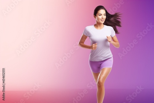 Generative AI : Clipping path portrait beautiful Asian women in sportswear run isolated on banner purple background. Healthy young woman runner happy smiling jogging.