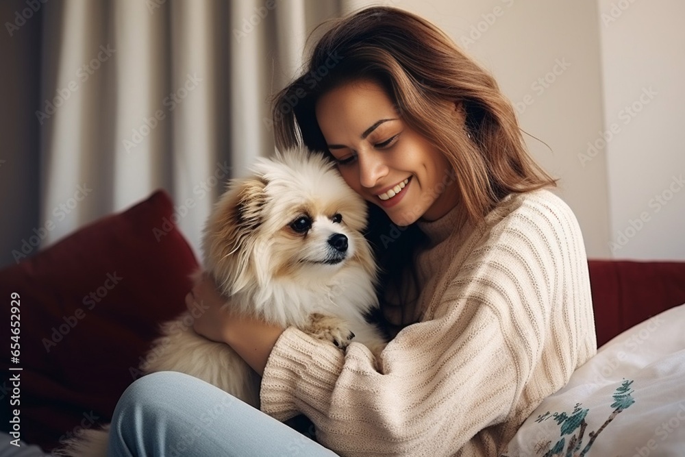 Generative AI : Cheerful woman in casual clothes spending her free time on vacation playing with cute pet at home. Generative AI : Cheerful woman in casual clothes spending her free time on vacation playing with cute pet at home.