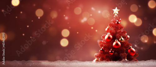 Christmas background with golden and silver decorations, snow and bokeh lights. banner.