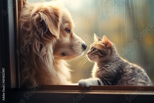 Generative AI   Dog and cat as best friends  looking out the window together