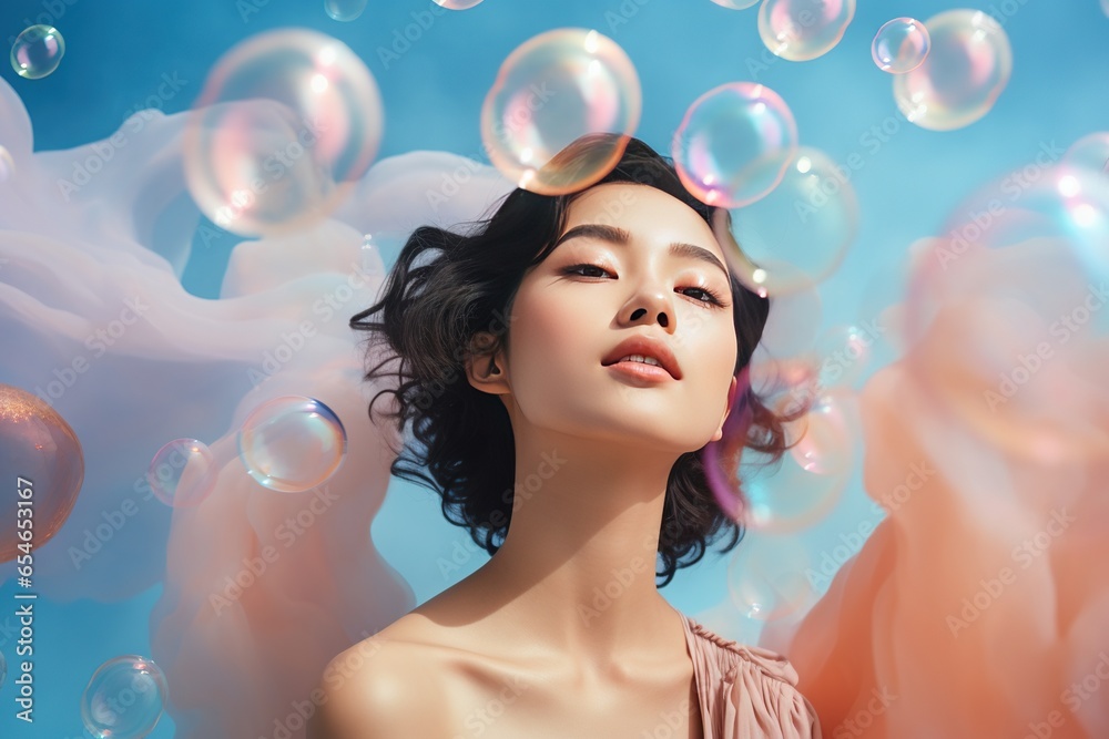 Beautiful young woman with soap bubbles on a blue background. Beautiful young woman with soap bubbles on a blue background.