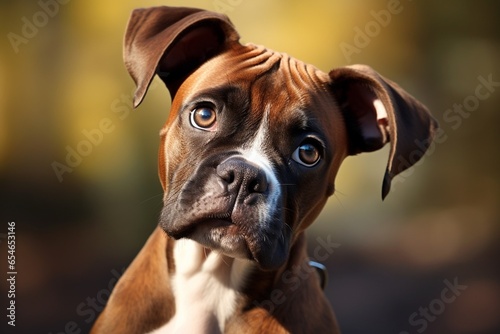 Generative AI : Adorable young purebred boxer puppy dog portrait with innocent eyes looking confused but alert
