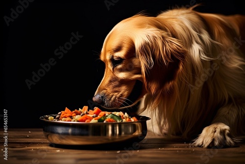 Generative AI : Nice taste. Close up of beautiful dog eating from the bowl