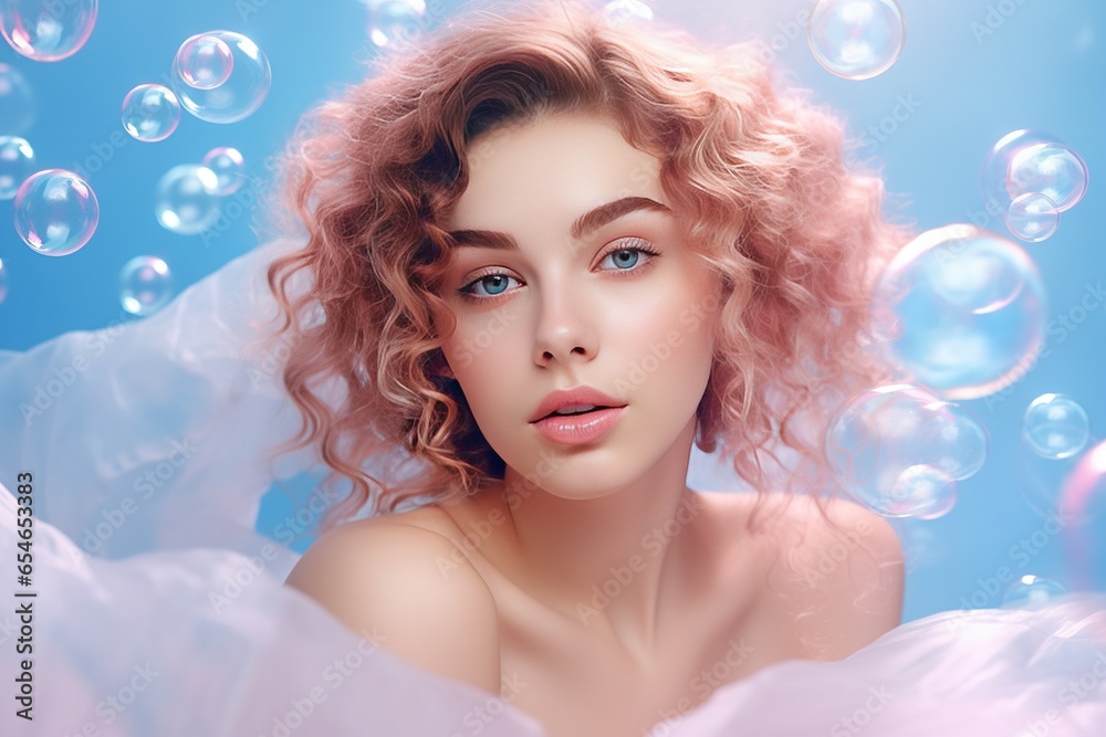 Beautiful young woman with soap bubbles on a blue background. Beautiful young woman with soap bubbles on a blue background.