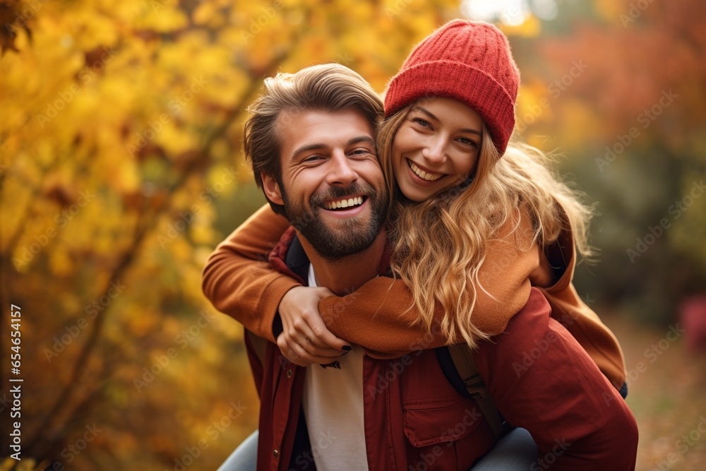 Fototapeta premium Generative AI : Portrait Of Happy Loving Couple With Man Giving Woman Piggyback As They Hug In Autumn Park Together