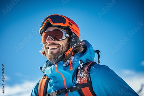Portrait of smiling man climber in safe ski helmet and goggles on snow mountain at sunny day © boxstock production