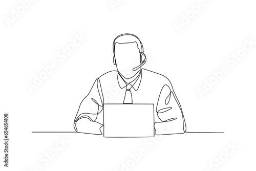 Continuous one line drawing Customer service is constantly meeting with costumer by laptop. Marketing Concept. Single line draw design vector graphic illustration.