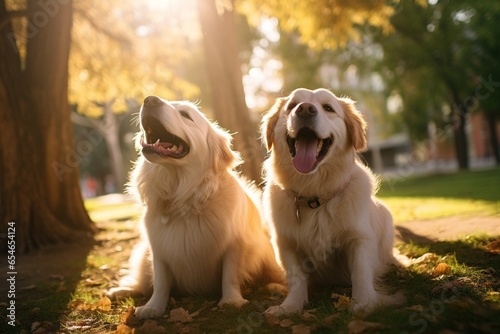 Generative AI : two happy dogs with owner sitting on grass in the park, looking up