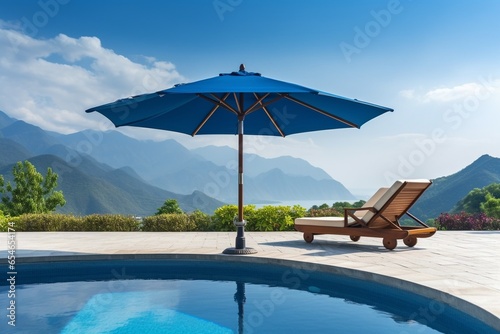 Generative AI : bed pool with umbrella around swimming pool with mountain and blue sky background