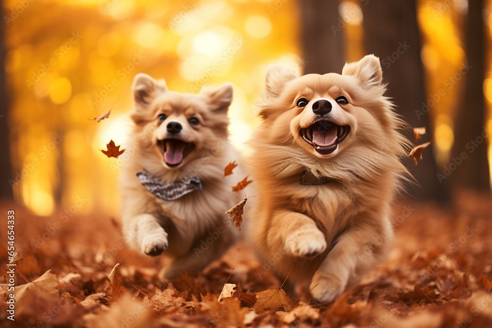 Generative AI : Two dogs playing in leaves in autumn