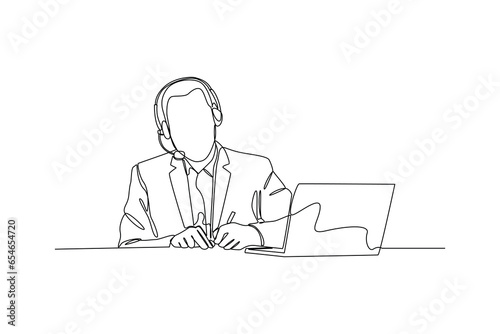 Continuous one line drawing Customer service is constantly meeting with costumer by laptop. Marketing Concept. Single line draw design vector graphic illustration.