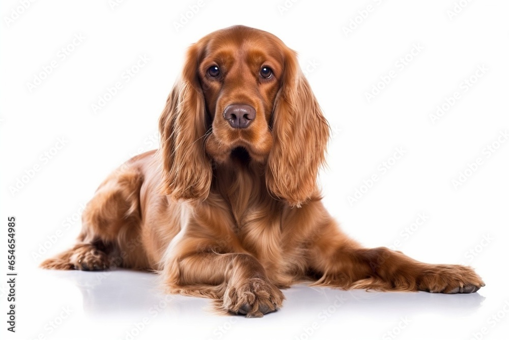 Generative AI : English cocker spaniel dog sitting and waiting command, isolated on white background.