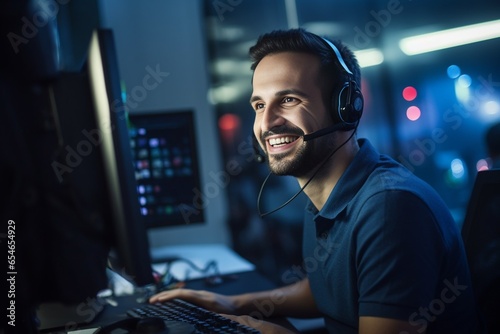 Generative AI : Close Up Portrait of a Joyful Technical Customer Support Specialist Talking on a Headset while Working on a Computer in a Call Center Control Room Filled with Computer Display Screens 