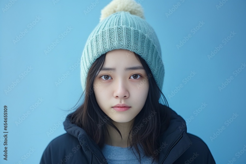 Generative AI : Close up portrait of korean girl feels cold, shakes and freezes, puts on beanie and sulks with sad face, stands over blue background. Generative AI : Close up portrait of korean girl feels cold, shakes and freezes, puts on beanie and sulks with sad face, stands over blue background.