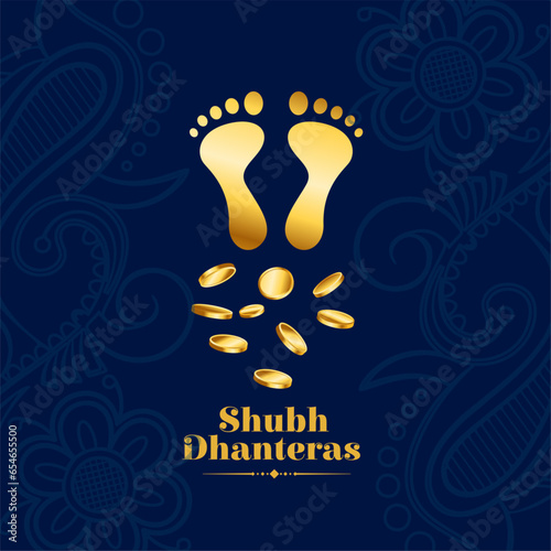 indian cultural shubh dhanteras wishes card with golden goddess charan and coin