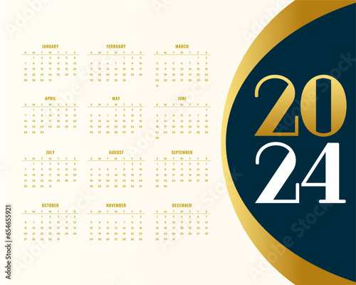 stylish 2024 new year english calendar template with golden touch