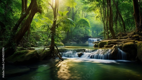 Generative AI   Panoramic beautiful deep forest waterfall in Thailand