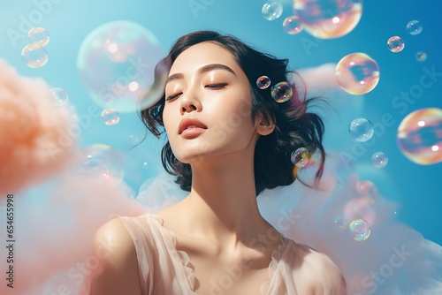 Beautiful young woman with soap bubbles on a blue background.