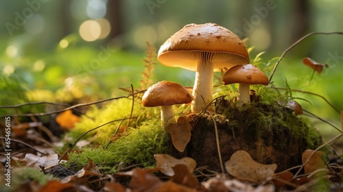 Generative AI : Boletus edulis edible mushroom is growing in the forest