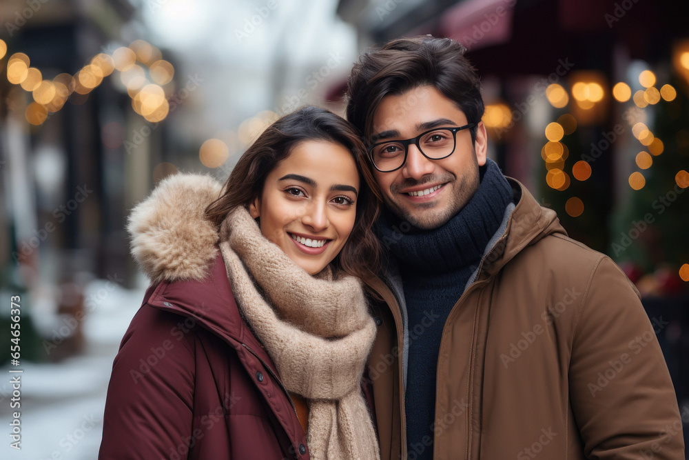 Young indian couple in warm sweater or woolen winter cloths - obrazy, fototapety, plakaty 